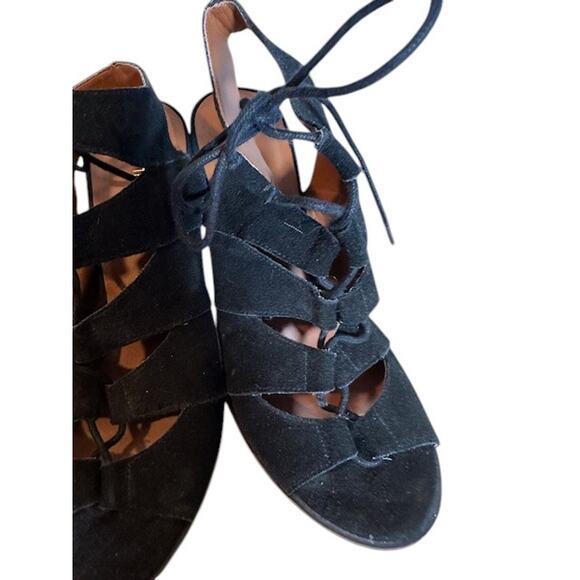 Saks Fifth Ave Black Leather Caged Lace up Block Chunky Heel Pumps Women Sz 7.5 - Picture 3 of 11